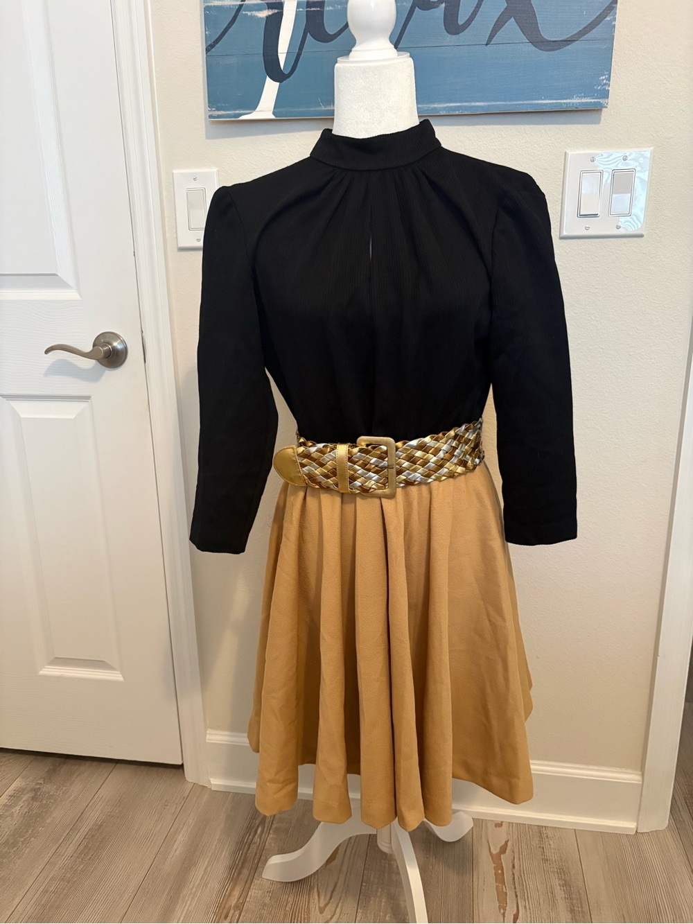 Vintage- Classic Two-Tone Fit & Flare Dress in Black and Tan. Belt not included.